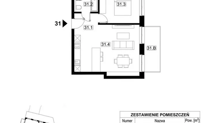 Rzut - Mieszkanie na sprzedaż 2 pokoje o powierzchni 46,36 m² - numer 31 w Kopalniana 7