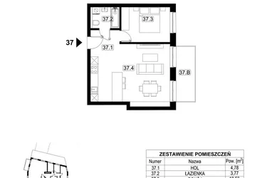 Rzut - Mieszkanie na sprzedaż 2 pokoje o powierzchni 46,36 m² - numer 37 w Kopalniana 7