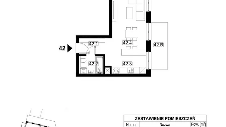 Rzut - Mieszkanie na sprzedaż 1 pokój o powierzchni 33,81 m² - numer 42 w Kopalniana 7