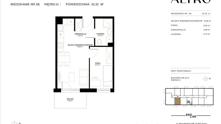 Rzut - Mieszkanie na sprzedaż 2 pokoje o powierzchni 33,32 m² - numer A2.2/58 w Altro A2/2