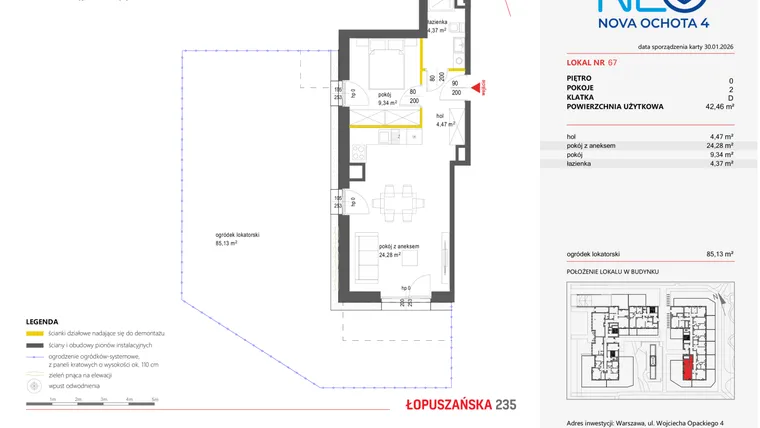 Rzut - Mieszkanie na sprzedaż 2 pokoje o powierzchni 42,46 m² - numer 67 w Neo Nova Ochota 4
