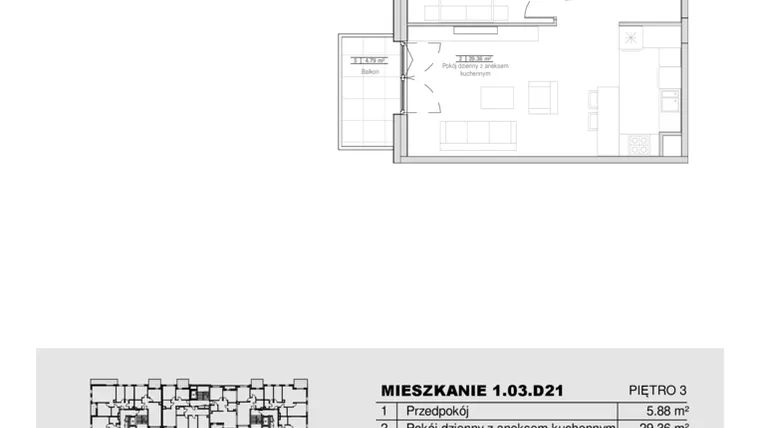 Rzut - Mieszkanie na sprzedaż 2 pokoje o powierzchni 53,06 m² - numer 1.03.D21 w Ogrody Andersa III
