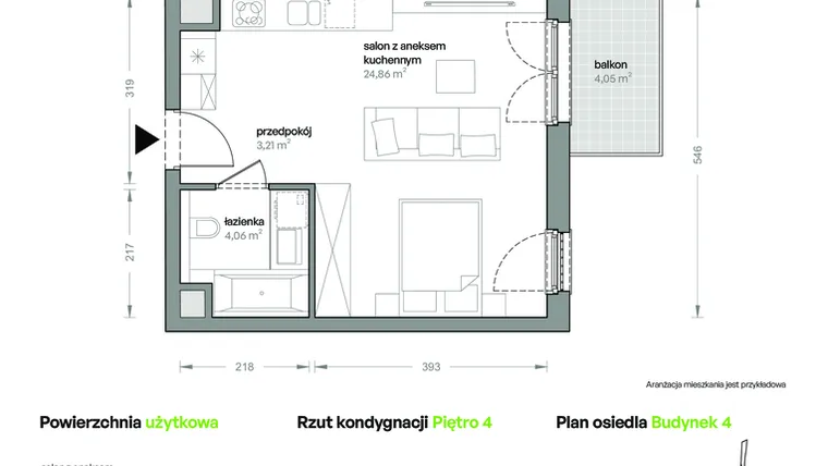 Rzut - Mieszkanie na sprzedaż 1 pokój o powierzchni 32,13 m² - numer B4/A/45 w Ceglana Park