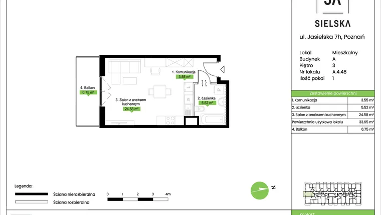 Rzut - Mieszkanie na sprzedaż 1 pokój o powierzchni 33,65 m² - numer A.4.48 w JA_SIELSKA V