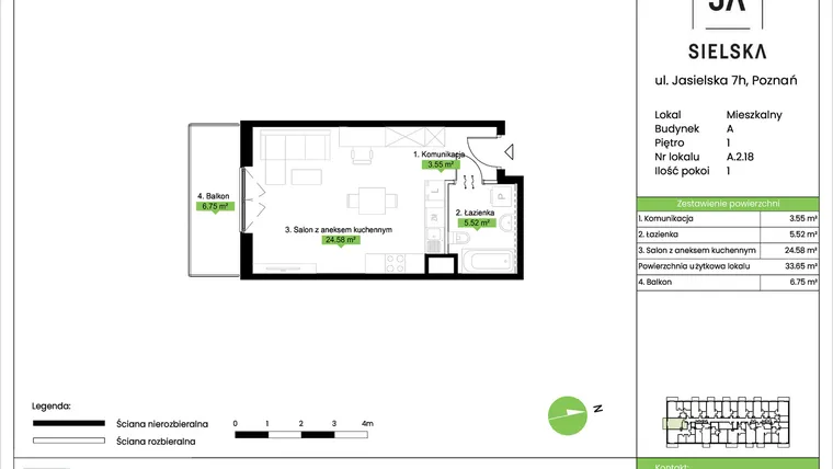 Rzut - Mieszkanie na sprzedaż 1 pokój o powierzchni 33,65 m² - numer A.2.18 w JA_SIELSKA V