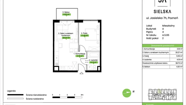 Rzut - Mieszkanie na sprzedaż 2 pokoje o powierzchni 38,73 m² - numer A.5.65 w JA_SIELSKA V