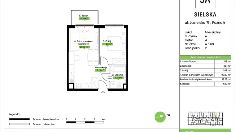 Rzut - Mieszkanie na sprzedaż 2 pokoje o powierzchni 38,78 m² - numer A.5.68 w JA_SIELSKA V