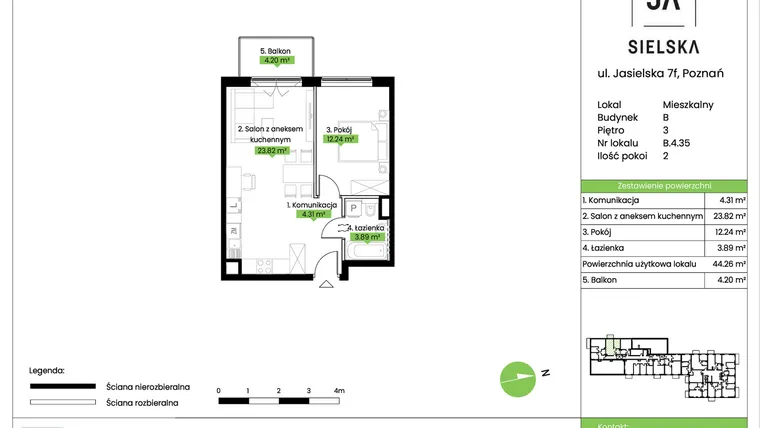 Rzut - Mieszkanie na sprzedaż 2 pokoje o powierzchni 44,26 m² - numer B.4.35 w JA_SIELSKA V