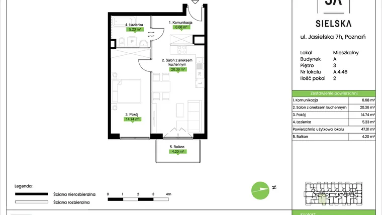Rzut - Mieszkanie na sprzedaż 2 pokoje o powierzchni 47,01 m² - numer A.4.46 w JA_SIELSKA V