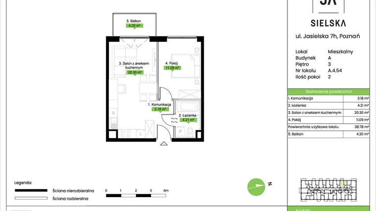 Rzut - Mieszkanie na sprzedaż 2 pokoje o powierzchni 38,78 m² - numer A.4.54 w JA_SIELSKA V