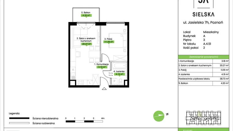Rzut - Mieszkanie na sprzedaż 2 pokoje o powierzchni 38,73 m² - numer A.4.51 w JA_SIELSKA V