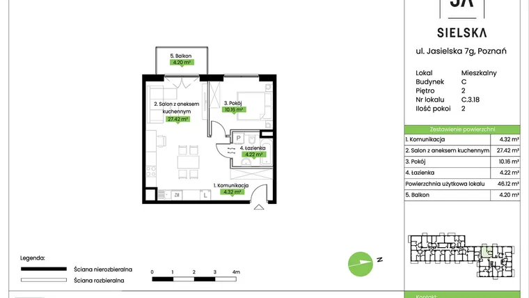 Rzut - Mieszkanie na sprzedaż 2 pokoje o powierzchni 46,12 m² - numer C.3.18 w JA_SIELSKA V