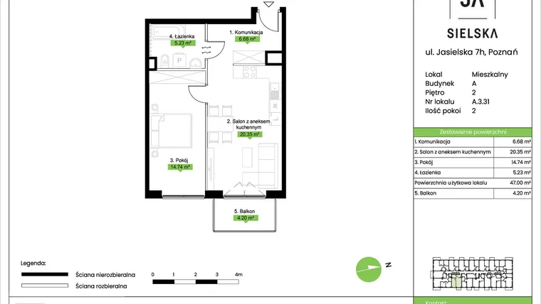 Rzut - Mieszkanie na sprzedaż 2 pokoje o powierzchni 47 m² - numer A.3.31 w JA_SIELSKA V