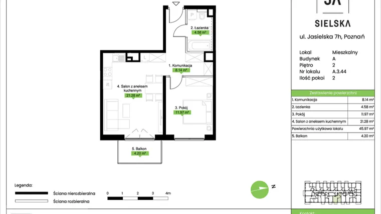Rzut - Mieszkanie na sprzedaż 2 pokoje o powierzchni 45,97 m² - numer A.3.44 w JA_SIELSKA V