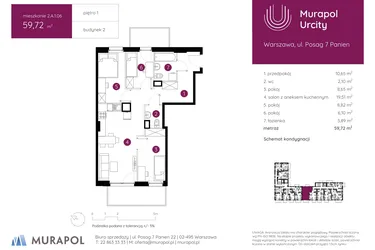 Rzut - Mieszkanie na sprzedaż 4 pokoje o powierzchni 59,72 m² - numer 2.A.1.06 w Murapol Urcity