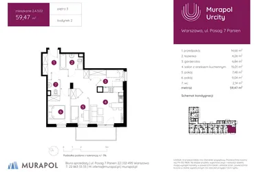 Rzut - Mieszkanie na sprzedaż 3 pokoje o powierzchni 59,47 m² - numer 2.A.3.02 w Murapol Urcity