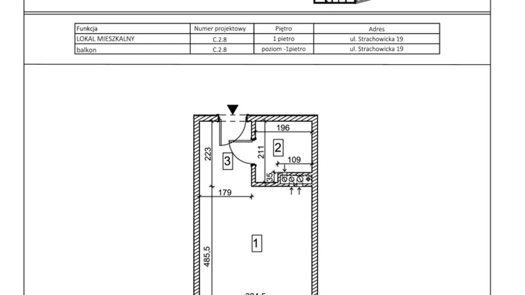 Rzut - Mieszkanie na sprzedaż 1 pokój o powierzchni 26,36 m² - numer C.2.8 w IVY HOUSE - Apartamenty inwestycyjne