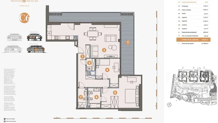 Rzut - Mieszkanie na sprzedaż 3 pokoje o powierzchni 100,28 m² - numer C6 w Przystań Wilhelma