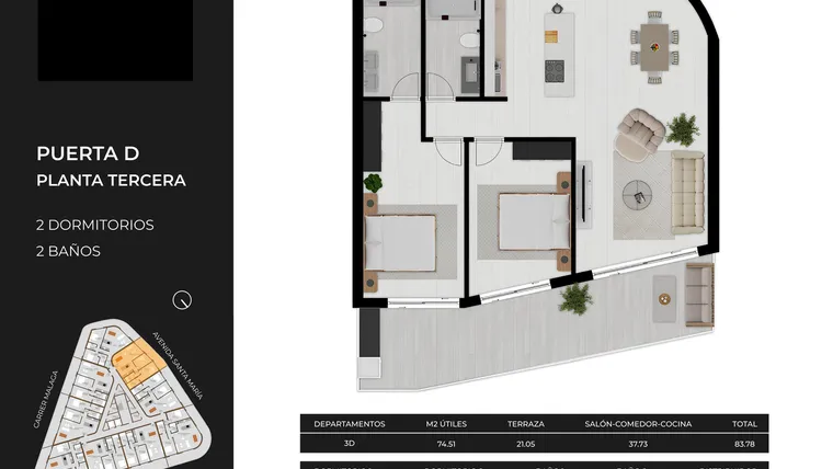 Rzut - Mieszkanie na sprzedaż 2 pokoje o powierzchni 105 m² - numer 3-D w Mieszkania w Calpe - 94000145