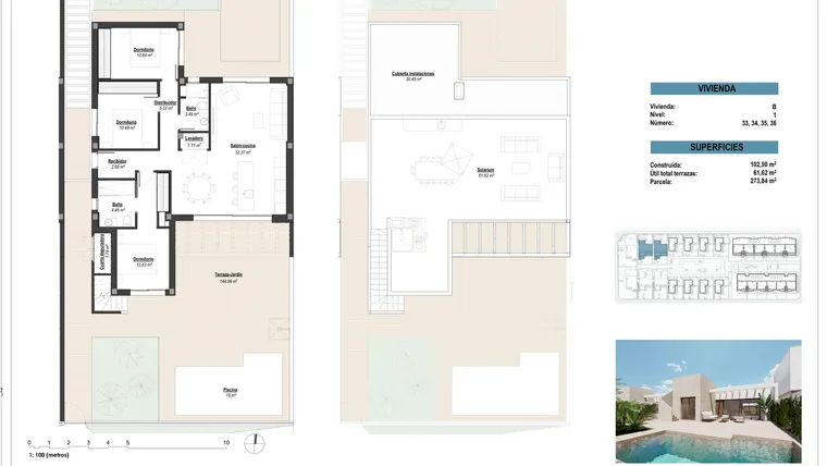 Rzut - Dom na sprzedaż 3 pokoje o powierzchni 102,5 m² - numer 33 w Domy w Los Alcázares - 51759931