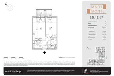 Rzut - Mieszkanie na sprzedaż 2 pokoje o powierzchni 47,81 m² - numer MU.1.17 w Marimonte - lokale inwestycyjne