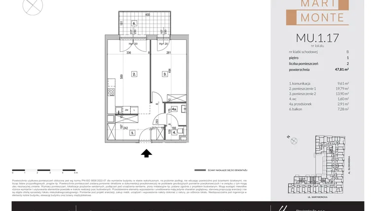 Rzut - Mieszkanie na sprzedaż 2 pokoje o powierzchni 47,81 m² - numer MU.1.17 w Marimonte - lokale inwestycyjne