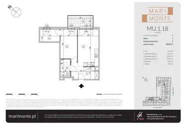 Rzut - Mieszkanie na sprzedaż 3 pokoje o powierzchni 52,27 m² - numer MU.1.18 w Marimonte - lokale inwestycyjne