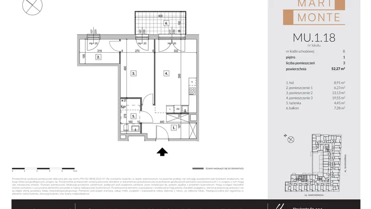 Rzut - Mieszkanie na sprzedaż 3 pokoje o powierzchni 52,27 m² - numer MU.1.18 w Marimonte - lokale inwestycyjne