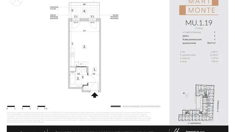 Rzut - Mieszkanie na sprzedaż 1 pokój o powierzchni 30,57 m² - numer MU.1.19 w Marimonte - lokale inwestycyjne