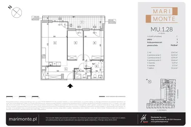 Rzut - Mieszkanie na sprzedaż 3 pokoje o powierzchni 74,1 m² - numer MU.1.28 w Marimonte - lokale inwestycyjne