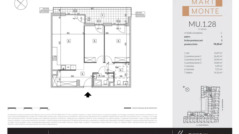 Rzut - Mieszkanie na sprzedaż 3 pokoje o powierzchni 74,1 m² - numer MU.1.28 w Marimonte - lokale inwestycyjne