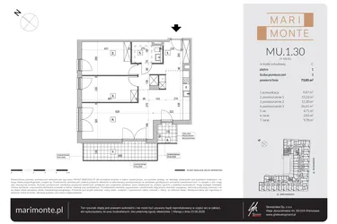 Rzut - Mieszkanie na sprzedaż 3 pokoje o powierzchni 73,85 m² - numer MU.1.30 w Marimonte - lokale inwestycyjne