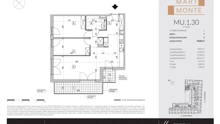 Rzut - Mieszkanie na sprzedaż 3 pokoje o powierzchni 73,85 m² - numer MU.1.30 w Marimonte - lokale inwestycyjne