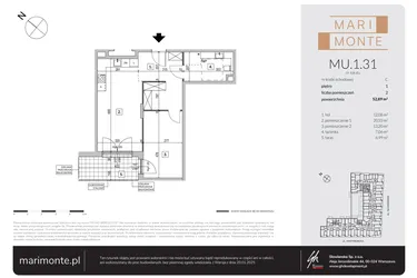 Rzut - Mieszkanie na sprzedaż 2 pokoje o powierzchni 52,89 m² - numer MU.1.31 w Marimonte - lokale inwestycyjne