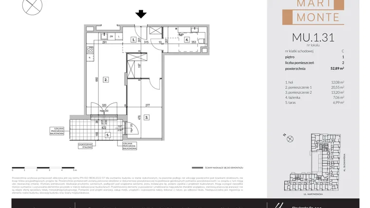 Rzut - Mieszkanie na sprzedaż 2 pokoje o powierzchni 52,89 m² - numer MU.1.31 w Marimonte - lokale inwestycyjne
