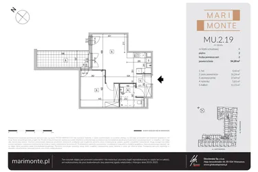 Rzut - Mieszkanie na sprzedaż 2 pokoje o powierzchni 54,06 m² - numer MU.2.19 w Marimonte - lokale inwestycyjne