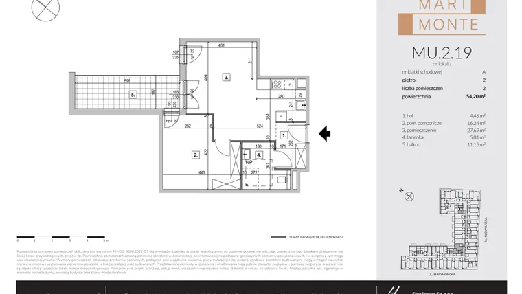 Rzut - Mieszkanie na sprzedaż 2 pokoje o powierzchni 54,06 m² - numer MU.2.19 w Marimonte - lokale inwestycyjne