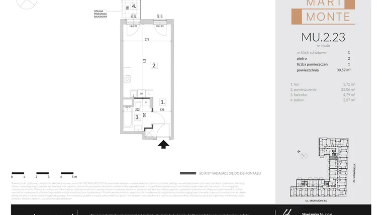 Rzut - Mieszkanie na sprzedaż 1 pokój o powierzchni 30,57 m² - numer MU.2.23 w Marimonte - lokale inwestycyjne