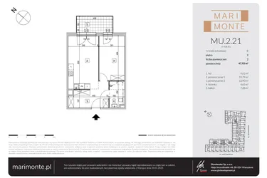 Rzut - Mieszkanie na sprzedaż 2 pokoje o powierzchni 47,81 m² - numer MU.2.21 w Marimonte - lokale inwestycyjne