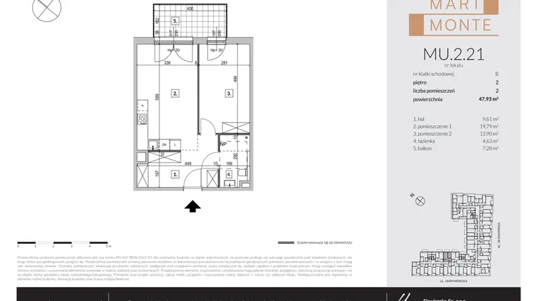 Rzut - Mieszkanie na sprzedaż 2 pokoje o powierzchni 47,81 m² - numer MU.2.21 w Marimonte - lokale inwestycyjne
