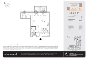 Rzut - Mieszkanie na sprzedaż 3 pokoje o powierzchni 52,26 m² - numer MU.2.22 w Marimonte - lokale inwestycyjne