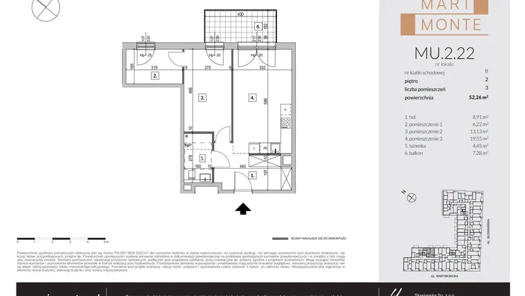 Rzut - Mieszkanie na sprzedaż 3 pokoje o powierzchni 52,26 m² - numer MU.2.22 w Marimonte - lokale inwestycyjne