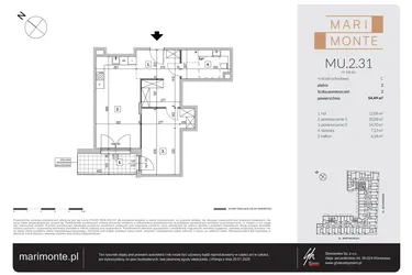 Rzut - Mieszkanie na sprzedaż 2 pokoje o powierzchni 54,49 m² - numer MU.2.31 w Marimonte - lokale inwestycyjne
