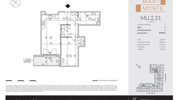 Rzut - Mieszkanie na sprzedaż 2 pokoje o powierzchni 54,49 m² - numer MU.2.31 w Marimonte - lokale inwestycyjne
