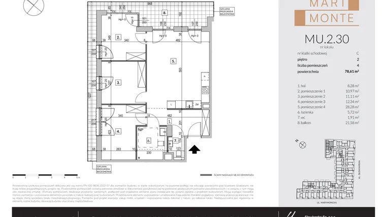 Rzut - Mieszkanie na sprzedaż 4 pokoje o powierzchni 78,61 m² - numer MU.2.30 w Marimonte - lokale inwestycyjne