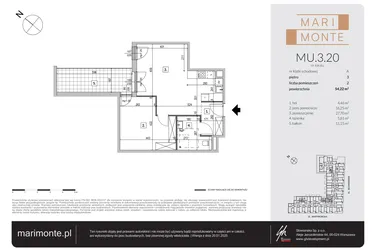 Rzut - Mieszkanie na sprzedaż 2 pokoje o powierzchni 54,07 m² - numer MU.3.20 w Marimonte - lokale inwestycyjne