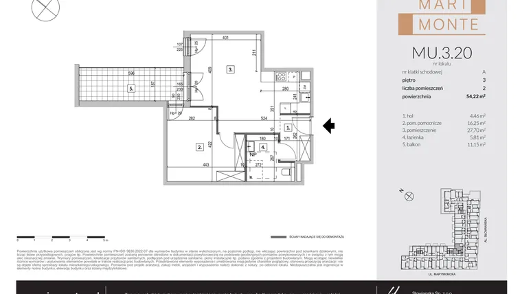 Rzut - Mieszkanie na sprzedaż 2 pokoje o powierzchni 54,07 m² - numer MU.3.20 w Marimonte - lokale inwestycyjne