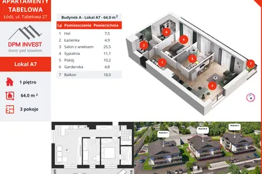 Rzut - Mieszkanie na sprzedaż 3 pokoje o powierzchni 64 m² - numer A7 w Apartamenty Tabelowa