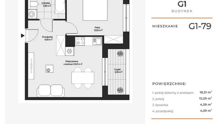 Rzut - Mieszkanie na sprzedaż 2 pokoje o powierzchni 39,57 m² - numer G1-79 w Piasta Park VI