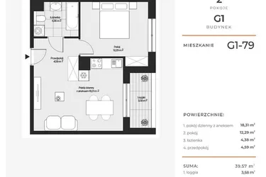 Rzut - Mieszkanie na sprzedaż 2 pokoje o powierzchni 39,66 m² - numer G1-79 w Piasta Park VI